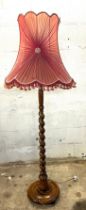 Oak barley twist lamp with red shade overall height 66 inches tall