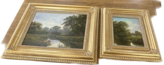 Two gilt framed paintings one oil on board, one canvas, both signed P.Duffield. Largest measures