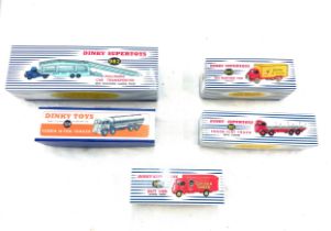 Five original Dinky vehicles with reproduction boxes