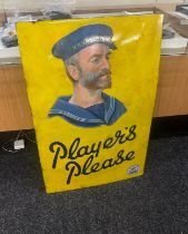 Vintage players enamel sign measures approx 35 inches tall by 23 inches wide