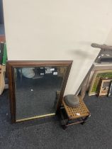 Vintage foot stool, dolly plunger and a framed mirror