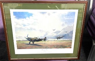 Framed aircraft print, signed " return to france Alan Holt " measures approximately 26 inches wide