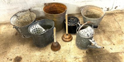 Selection of galvanised buckets, cans, plungers etc