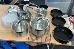 Selection of kitchenalia includes pots, cake tins, tupperware etc