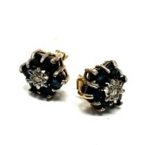 9ct gold sapphire & diamond cluster stud earrings (1.8g)