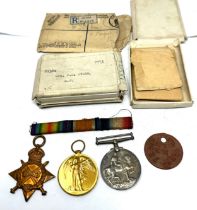 WW1 1914-15 Star Trio with Boxes & I.D Tag Named 72381 Spr F.D Evans R.E