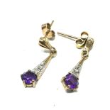 9ct gold amethyst & diamond drop earrings (1.2g)
