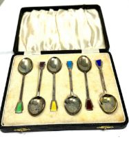 Antique boxed set of silver & enamel tea spoons Birmingham silver hallmarks