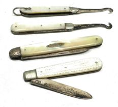 4 x .925 sterling & mop button hooks & fruit knives