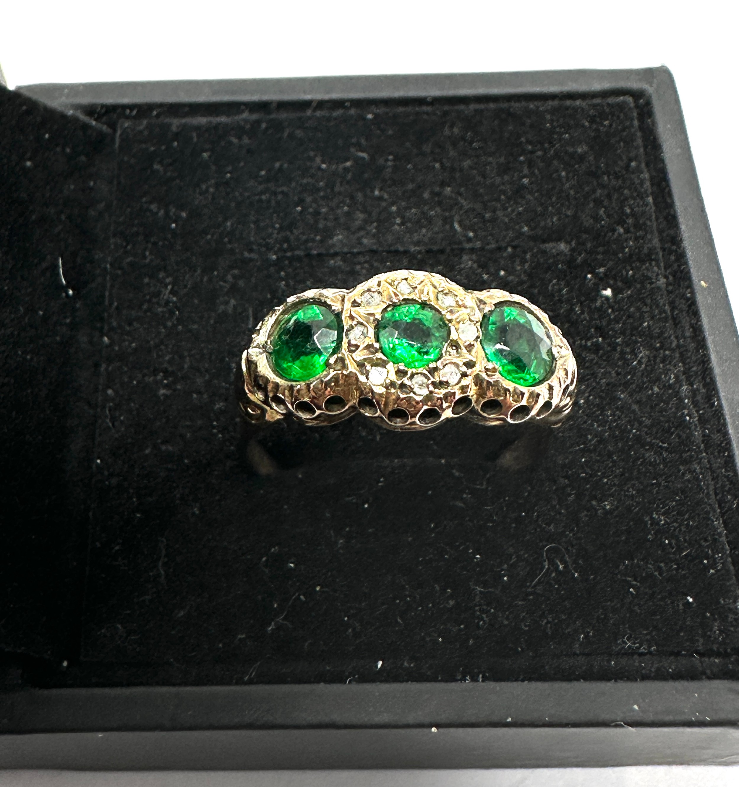 9ct gold green paste & diamond three stone ring (2.5g)