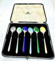 6 x .925 sterling guilloche enamel spoons cased enamel