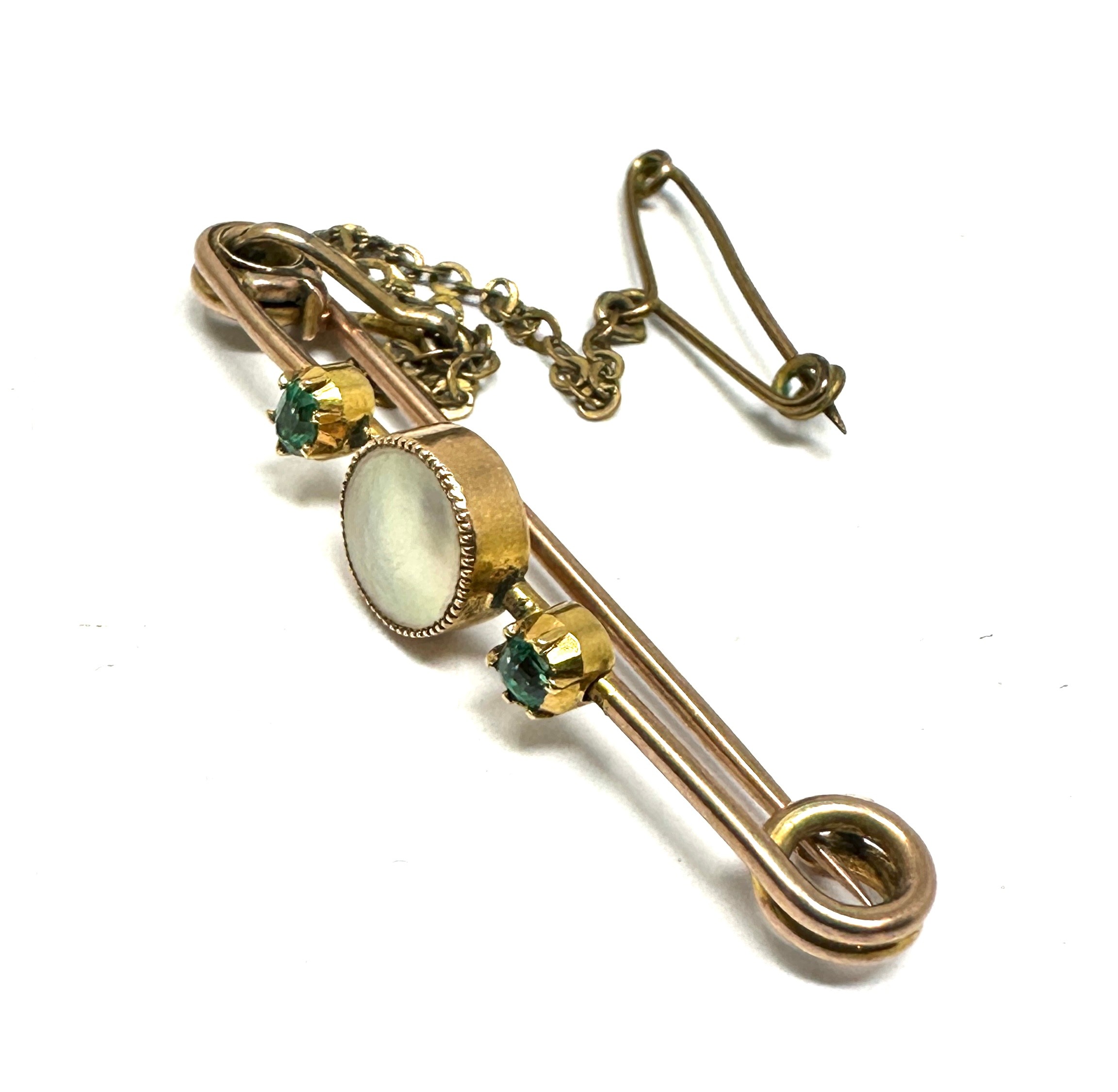 9ct gold mother of pearl & green gemstone brooch with base saftey chain & pin (2.5g) - Bild 2 aus 3