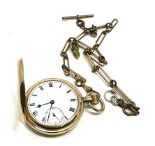 Antique gold plated full hunter pocket watch and double albert watch chain gold plated the watch