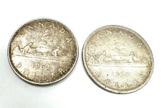 2 1962 & 1959 Canada Elizabeth II One Dollar coins 0.800 Silver
