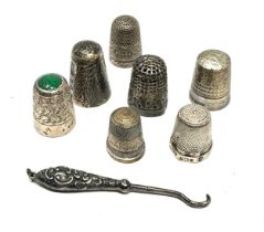 8 x .925 sterling haberdashery inc thimbles, charles horner, button hook