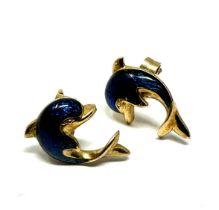 9ct gold blue enamel dolphin stud earrings (1.2g)