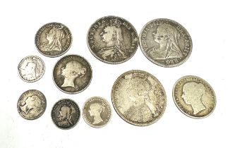 selection of victorian silver coins inc half crowns shilling 3 pence coins etc