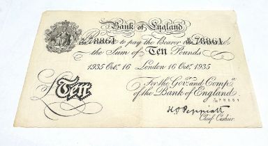 Bank of England London 16 October 1935 Chief Cashier : Sir Kenneth Oswald Peppiatt white Â£10 Ten