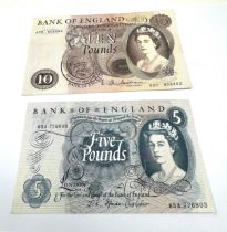 Banknote Of England Ten Pounds. JQ. Hollom & five pound j.s forde high grade notes