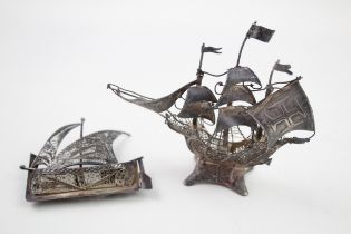 2 x .850 & .950 Silver filigree decorative boats / ships ornaments