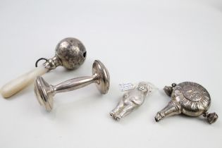 4 x .925 sterling silver baby's rattles inc mop etc