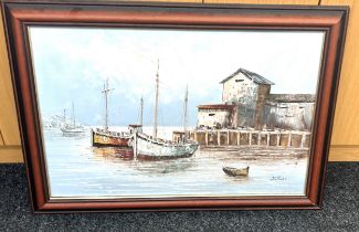 Signed W. Jones canvas boat scene painting, approximate measurements: 25 x 35 inches