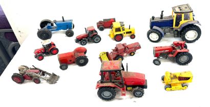 12 x Die cast and tin tractors, Dinky, Lesney, Minic, Corgi etc - unboxed