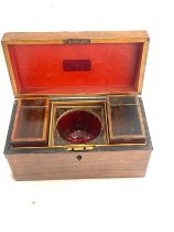 Antique Burr walnut tea caddy with cranberry glass bowl (not original) measures approximately 6