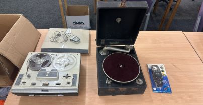 Selection of vintage items to include a Edison bell gramophone, fidelity reel to reel recorder and a