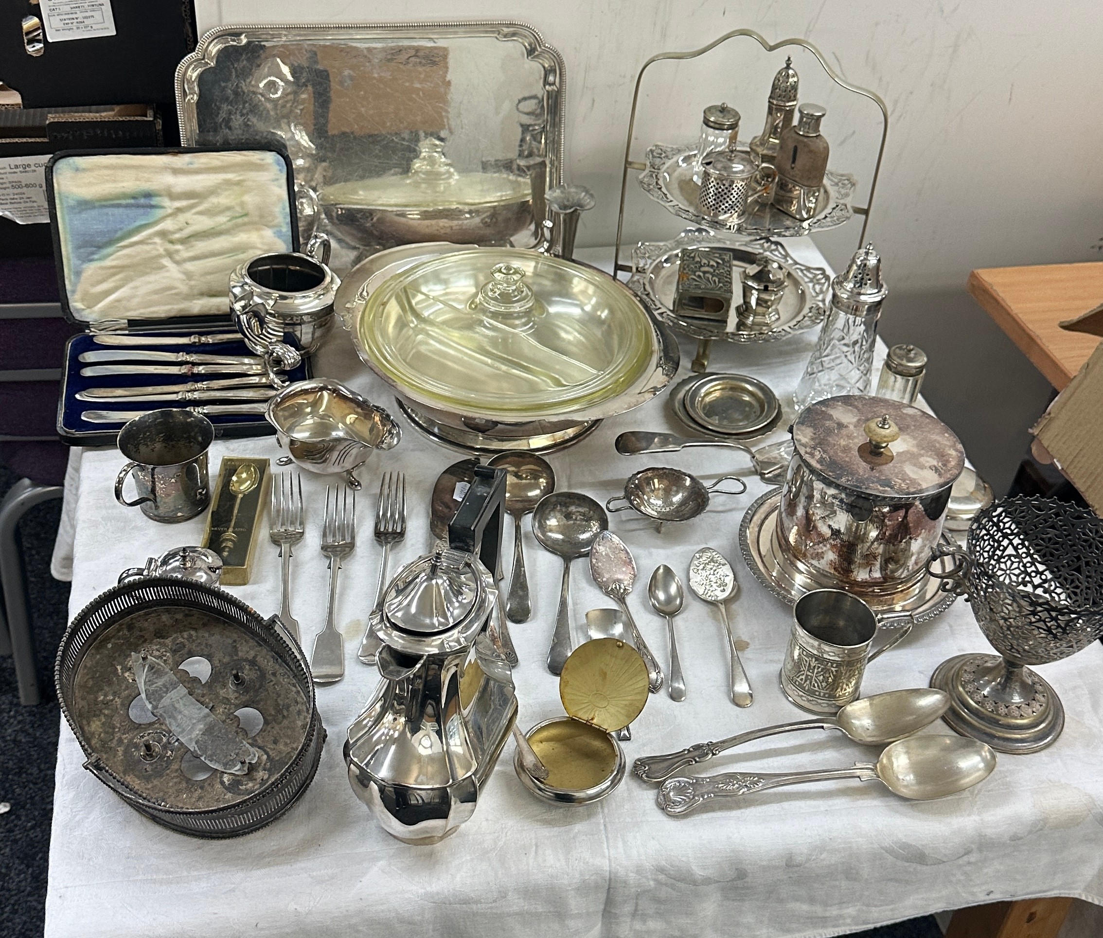 Two boxes of silver plate to include Harrods tray, Walker & Hall biscuit barrel and a large quantity