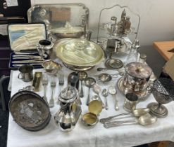 Two boxes of silver plate to include Harrods tray, Walker & Hall biscuit barrel and a large quantity