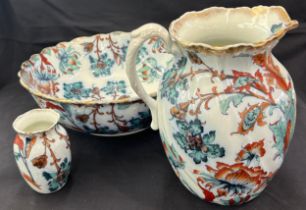 Ridgways Royal semi porcelain wash bowl, jug and small jug, pattern Fantasia, circa 1876-1916