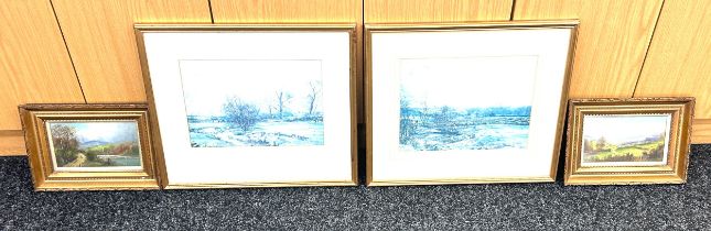 Pair framed signed small landscape paintings by J Goall ? plus 2 framed prints signed C J Thornton,