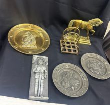 Selection of metal ware to include door stop, plates etc