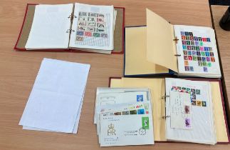 Three stamp albums with stamps and a selection of loose stamps