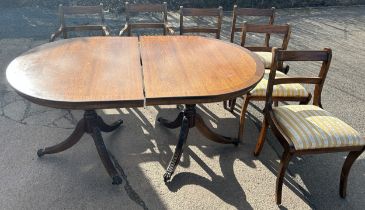 Mahogany regency style extending table, 1 leaf, 6 chairs to include 2 carvers, approximate table