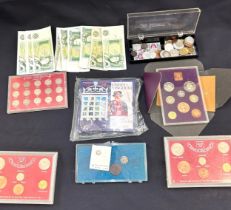 Selection of vintage cased coin sets and bank notes, silver coins etc