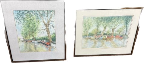 Two framed signed pictures depicting boats on a canal largest measures approx 25 inches tall by 21