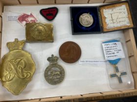 Selection of collectables includes belt buckle, medal etc