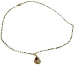 Hallmarked ladies 9ct gold necklace and stone set pendant, chain length 40cm, overall approximate