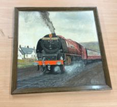 Framed Royal Scot train painting signed Mike Show measures approximately 21 inches 29 inches