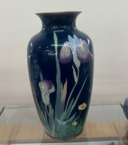 Vintage cloisonné enamel vase depicting irises. 46 cm tall. In good condition.