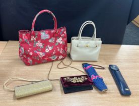 Four ladies hang bags to include Cath Kidson and harrods umbrella in case