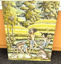 Signed canvas depicting Rice pickers, by Penestanan, approximate measurements: Height 34 inches,