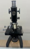 Antique vintage C.Baker 31255 London microscope with accessories in a fitted mahogany case