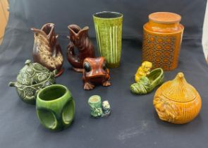 Selection of assorted pottery includes sylvac, frog jugs etc