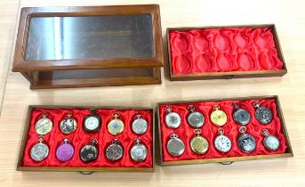 Wooden showcase containing 20 pocket watches, all untested