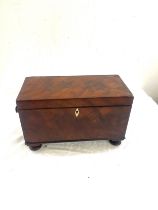 Antique 4 legged inlaid tea caddy with glass bowl (not original) measures approximately 7.5 inches