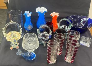 Large selection of coloured glassware includes bags, vases, madina, french glass glasses pink and