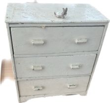 Three drawer antique miniature chest- missing a leg, measures approx 15 inches tall x 14 wide x 8